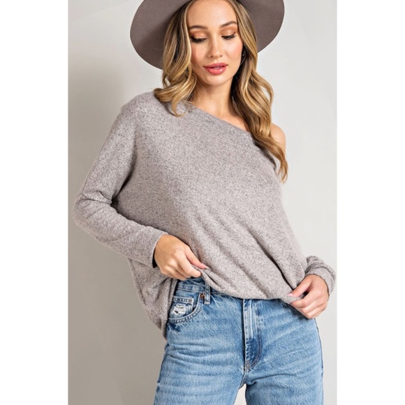 SOLD OUT Oatmeal Hacci Soft Long Sleeve Off Shoulder Tunic Dolman Knit Top - Picture 3 of 4